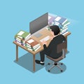Isometric 3d of businessman who sit on a chair and work very hard, going to exhaust and feel like he will run out of energy.