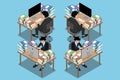 Isometric 3d of businessman who sit and work very hard, going to exhaust and feel like he will run out of batteries.