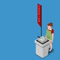 Isometric 3d of cashier counter with employee, who give convenience service for customer.