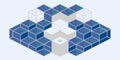 Isometric 3D composition of interlocking blue and gray cubes in a symmetrical abstract design Royalty Free Stock Photo