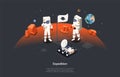 Isometric 3D Concept Of Mars Expedition And Space Tourism. Astronauts in Space Suits Walking On Mars Surface. People