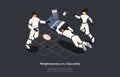 Isometric 3D Concept Of Weightlessness On Spaceship. Group Of Astronauts Try To Work On Laptop During Space Flight