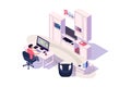 Isometric 3d cozy workplace with businessman at work with computer, tv and device.