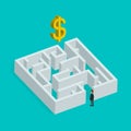 Isometric 3d creative business concept. Labyrinth solution and businessman. Vector flat illustration. In search of profit