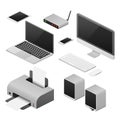 Isometric 3D digital vector computers and supplies of office workspace