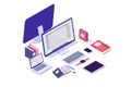 Isometric 3d electronic items with laptop, tablet, notebook, mobile phone and folder.