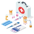 Isometric 3D first aid kit.