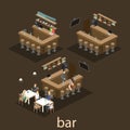 Isometric 3D flat interior of bar or pub. The chairs stand around the bar.