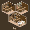 Isometric 3D flat interior of bar or pub. The chairs stand around the bar.