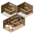 Isometric 3D flat interior of bar or pub. The chairs stand around the bar.