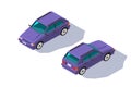 Isometric 3d four-seater red classic hatchback car for family.