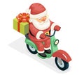 Isometric 3d Gift Box Santa Claus Delivery Courier Scooter Symbol Box Icon Concept Isolated Cartoon Flat Design Vector