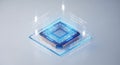 Isometric 3D Glowing Quantum Processor Chip on glass pedestal, abstract data streams, grey backgroun Royalty Free Stock Photo
