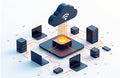 Isometric 3D graphic shows cloud computing network with servers, laptops, and data cubes connected by orange lines on white Royalty Free Stock Photo