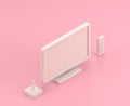 Isometric 3d Icon, a group of white  tv, remote and joystick in flat color pink room,single color white, cute toylike household Royalty Free Stock Photo