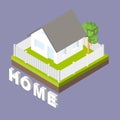 Isometric 3D icon. Pictograms house with a white fence and trees. Vector illustration eps 10 Royalty Free Stock Photo