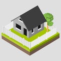 Isometric 3D icon. Pictograms house with a white fence and trees. Vector illustration eps 10 Royalty Free Stock Photo