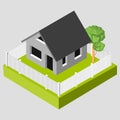 Isometric 3D icon. Pictograms house with a white fence and trees. Vector illustration eps 10 Royalty Free Stock Photo