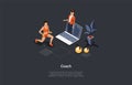 Isometric 3D Illustration. Cartoon Style Vector Composition On Personal Online Sport Coach Concept. Remote Gymnastics Royalty Free Stock Photo