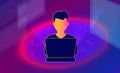 Isometric 3d illustration of guy programmer coding a project using computer. Programmer freelancer at work. Royalty Free Stock Photo