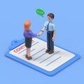 isometric 3D illustration, man and woman in business suits shake hands while standing on a tablet with a document Royalty Free Stock Photo