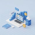 Isometric 3D Illustration of Laptop with Coding Symbols, Financial Charts, and Cloud Computing Icons Royalty Free Stock Photo