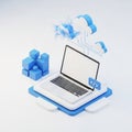 Isometric 3D illustration of a laptop connected to cloud storage with data blocks and coding icon Royalty Free Stock Photo