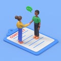 isometric 3D illustration, man and woman in business suits shake hands while standing on a tablet with a document Royalty Free Stock Photo