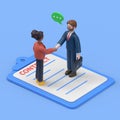 isometric 3D illustration, man and woman in business suits shake hands while standing on a tablet with a document Royalty Free Stock Photo