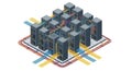 Isometric 3D illustration of a modern data center with a large group of servers arranged in a grid pattern connected by a colorful Royalty Free Stock Photo