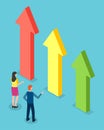 Isometric 3d illustration, woman and man looking at growing big arrows chart, infographics