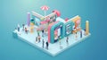 Isometric 3D infographic of promotional stands template in  style Royalty Free Stock Photo