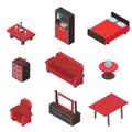 Isometric 3d interior comfortable wood furniture room icons set isolated design vector illustration