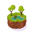 Isometric 3D island game, landscape soil, with river, swamp, trees. Royalty Free Stock Photo