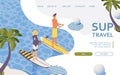 Isometric 3d landing page concept with couple of people travel with sup or stand up paddle board