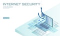 Isometric 3D laptop credit card cvv password phishing. Personal information account email online scam hacker. Spam