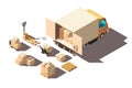 Isometric 3d light shipment truck with forklift and box for delivery moving.