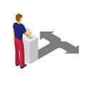 Isometric 3D man put paper in election box. Choice concept. Royalty Free Stock Photo