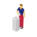 Isometric 3D man put voting paper in election box Royalty Free Stock Photo