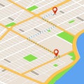 Isometric 3d map with location pins. Gps navigation vector background