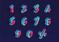 0, 1, 2, 3, 4, 5, 6, 7, 8, 9 isometric 3D numeral alphabet. Percent off, sale background.