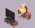 Isometric 3d Old Lady Watching TV Sit Armchair Cartoon Character Flat Design Vector Illustration