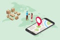 Isometric 3d online delivery service concept with people deliver order with smartphone app maps location - vector