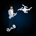 Isometric 3D people, drone quadrocopter, game sevremennaya, isometrics businessman. GyroScooter drive unit. On a dark bright