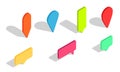 Isometric 3d pin. Pointer for map. Icons of location and markers of gps. Tag for navigation on place, road. Symbol of position,