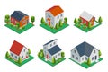 Isometric 3d private house, rural buildings and