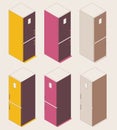 Isometric 3d refrigerator in outline style. Vector kitchen element in various foreshortening views drawn in pink and yellow