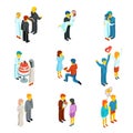 Isometric 3d relationship and wedding people icons