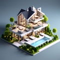 isometric 3D render of a high-end house - showcasing modern and luxurious architectural design