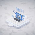 Isometric 3D Rendering of a Laptop with Code Symbols and Magnifying Glass on a Geometric White Background Royalty Free Stock Photo